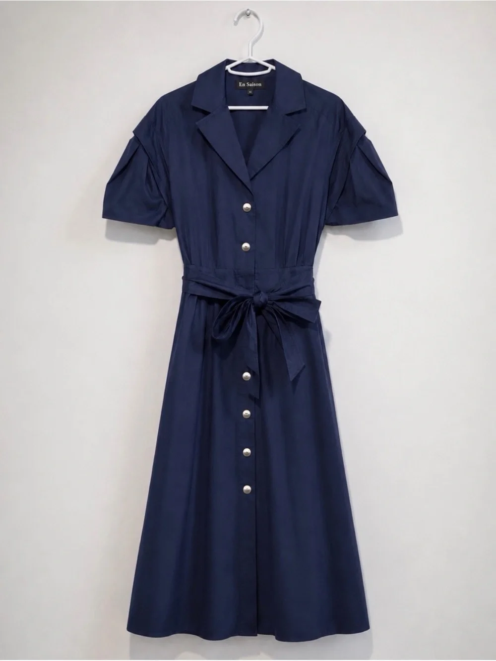 Anthropologie EN SAISON Avery Navy Belted Button Front Midi Dress XS - Picture 2 of 10